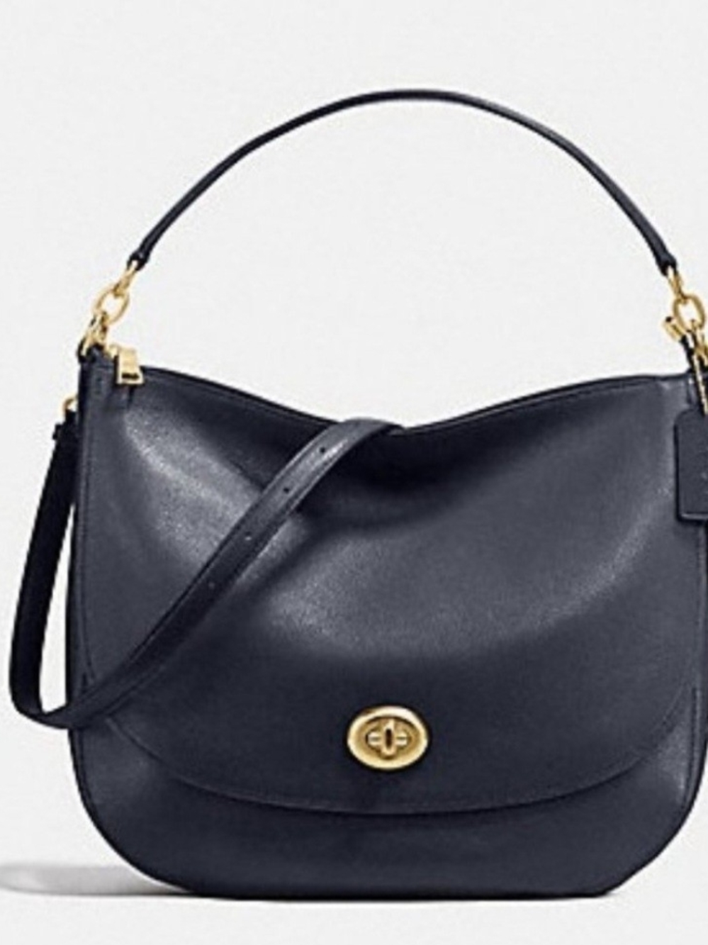 Classic Navy Leather Hobo Bag Pebbled Learher with Gold Turn-Lock